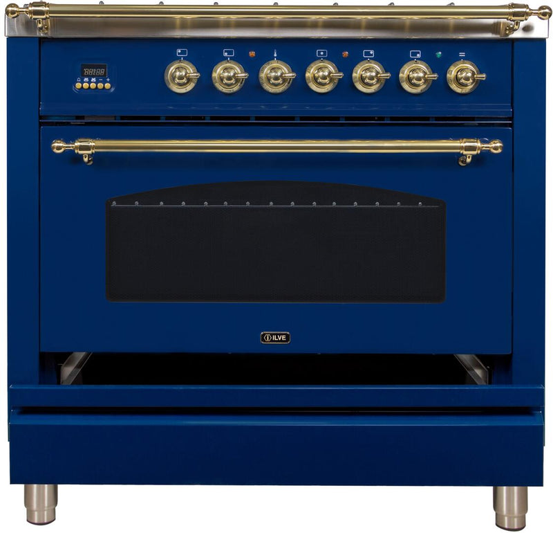 ILVE 36" Nostalgie - Dual Fuel Range with 5 Sealed Brass Burners - 3 cu. ft. Oven - Brass Trim in Blue (UPN90FDMPBL)