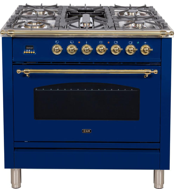 ILVE 36" Nostalgie - Dual Fuel Range with 5 Sealed Brass Burners - 3 cu. ft. Oven - Brass Trim in Blue (UPN90FDMPBL)