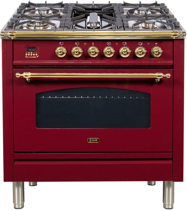 ILVE 36" Nostalgie - Dual Fuel Range with 5 Sealed Brass Burners - 3 cu. ft. Oven - Brass Trim in Burgundy (UPN90FDMPRB)