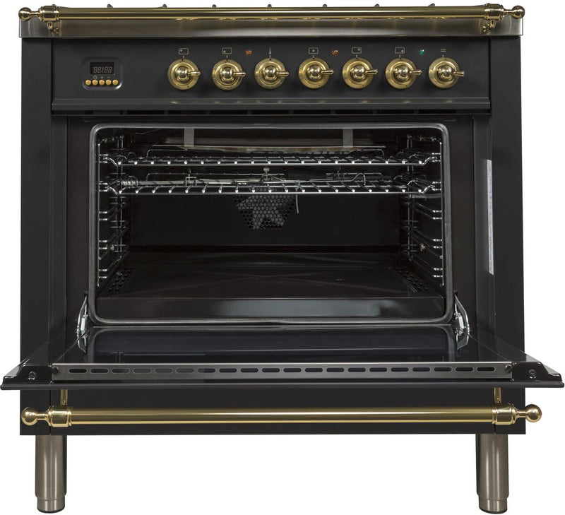 ILVE 36" Nostalgie - Dual Fuel Range with 5 Sealed Brass Burners - 3 cu. ft. Oven - Brass Trim in Glossy Black (UPN90FDMPN)