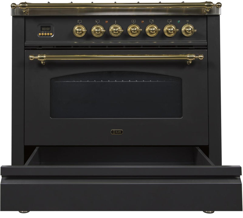 ILVE 36" Nostalgie - Dual Fuel Range with 5 Sealed Brass Burners - 3 cu. ft. Oven - Brass Trim in Glossy Black (UPN90FDMPN)