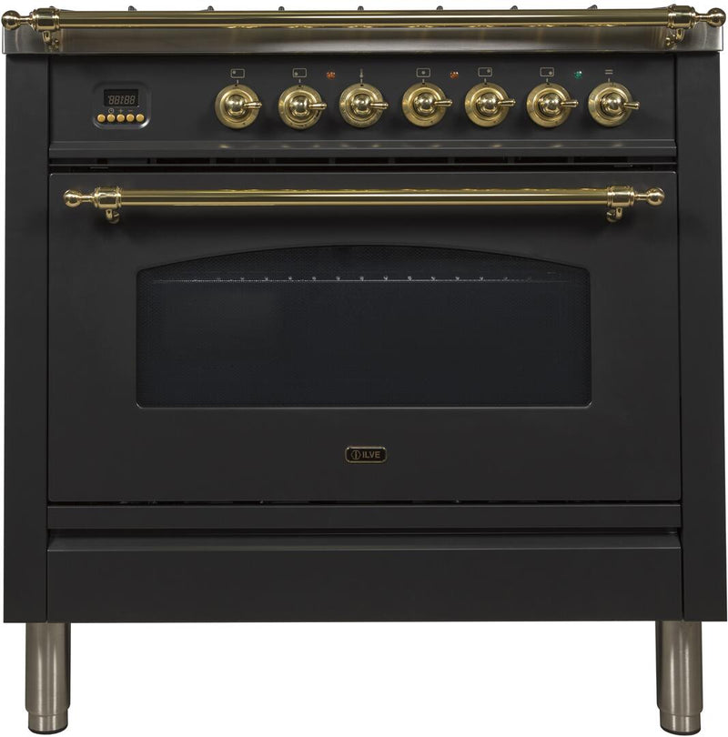 ILVE 36" Nostalgie - Dual Fuel Range with 5 Sealed Brass Burners - 3 cu. ft. Oven - Brass Trim in Glossy Black (UPN90FDMPN)