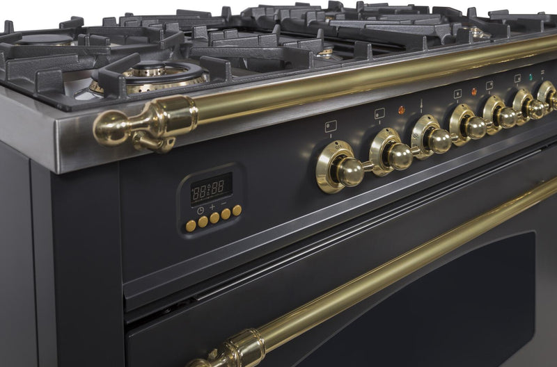 ILVE 36" Nostalgie - Dual Fuel Range with 5 Sealed Brass Burners - 3 cu. ft. Oven - Brass Trim in Glossy Black (UPN90FDMPN)