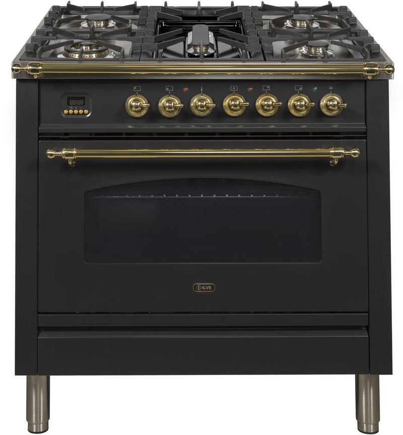 ILVE 36" Nostalgie - Dual Fuel Range with 5 Sealed Brass Burners - 3 cu. ft. Oven - Brass Trim in Glossy Black (UPN90FDMPN)