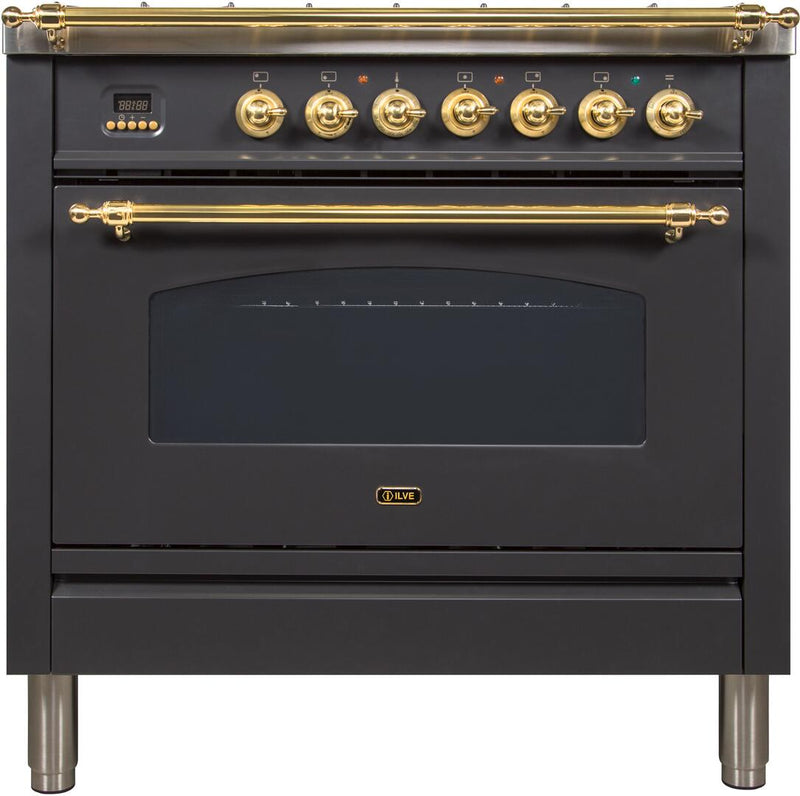 ILVE 36" Nostalgie - Dual Fuel Range with 5 Sealed Brass Burners - 3 cu. ft. Oven - Brass Trim in Matte Graphite (UPN90FDMPM)