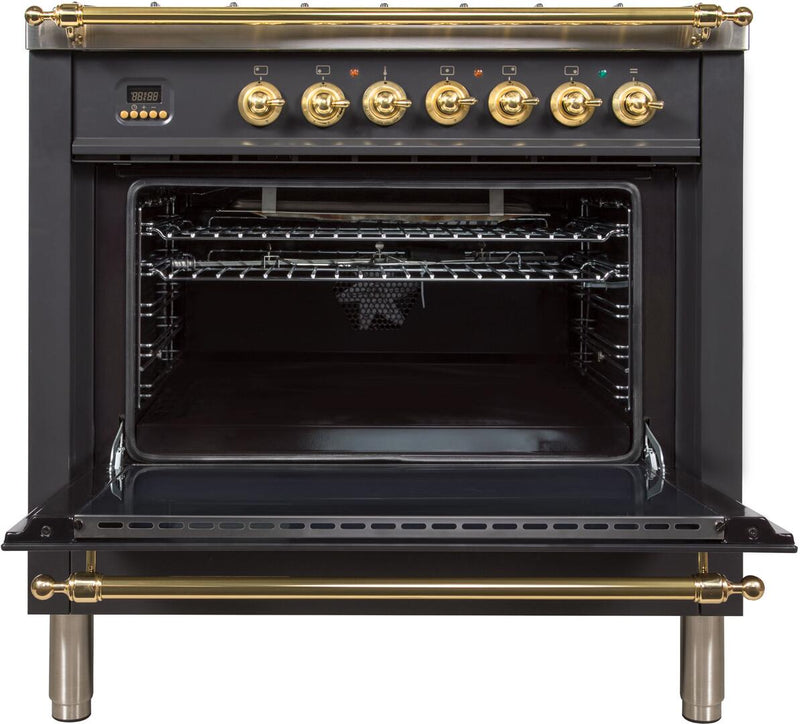 ILVE 36" Nostalgie - Dual Fuel Range with 5 Sealed Brass Burners - 3 cu. ft. Oven - Brass Trim in Matte Graphite (UPN90FDMPM)