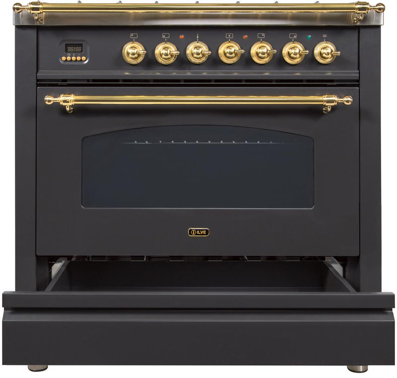 ILVE 36" Nostalgie - Dual Fuel Range with 5 Sealed Brass Burners - 3 cu. ft. Oven - Brass Trim in Matte Graphite (UPN90FDMPM)