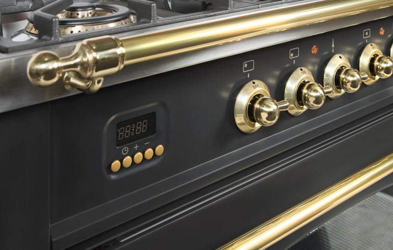 ILVE 36" Nostalgie - Dual Fuel Range with 5 Sealed Brass Burners - 3 cu. ft. Oven - Brass Trim in Matte Graphite (UPN90FDMPM)