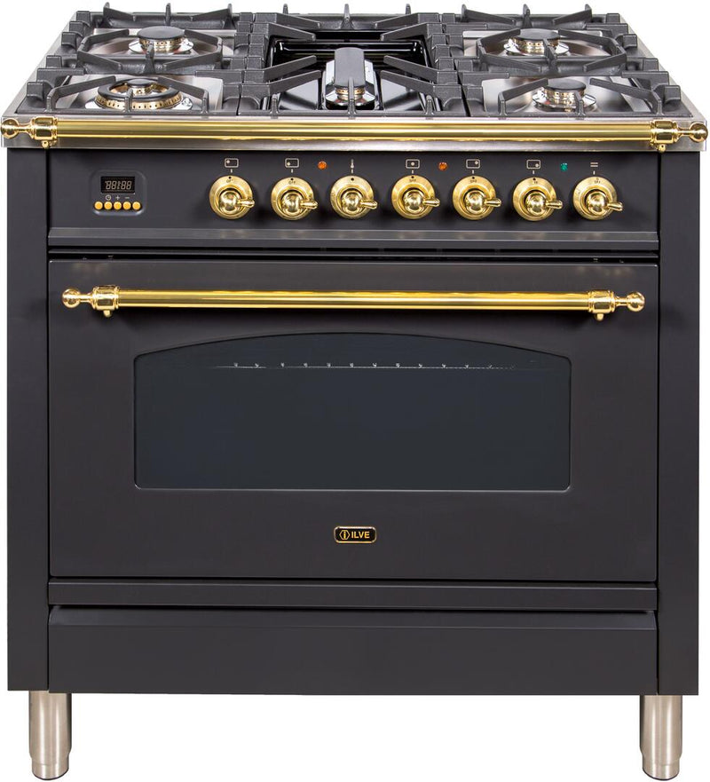 ILVE 36" Nostalgie - Dual Fuel Range with 5 Sealed Brass Burners - 3 cu. ft. Oven - Brass Trim in Matte Graphite (UPN90FDMPM)