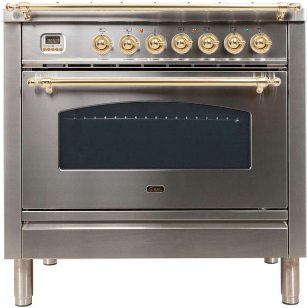 ILVE 36" Nostalgie - Dual Fuel Range with 5 Sealed Brass Burners - 3 cu. ft. Oven - Brass Trim in Stainless Steel (UPN90FDMPI)