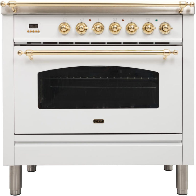 ILVE 36" Nostalgie - Dual Fuel Range with 5 Sealed Brass Burners - 3 cu. ft. Oven - Brass Trim in White (UPN90FDMPB)