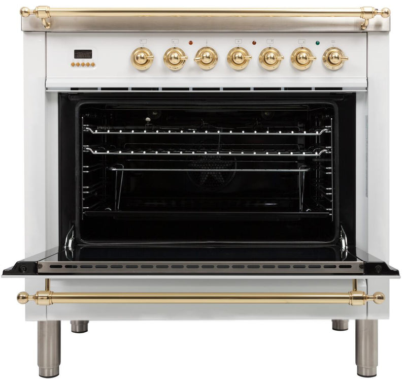 ILVE 36" Nostalgie - Dual Fuel Range with 5 Sealed Brass Burners - 3 cu. ft. Oven - Brass Trim in White (UPN90FDMPB)