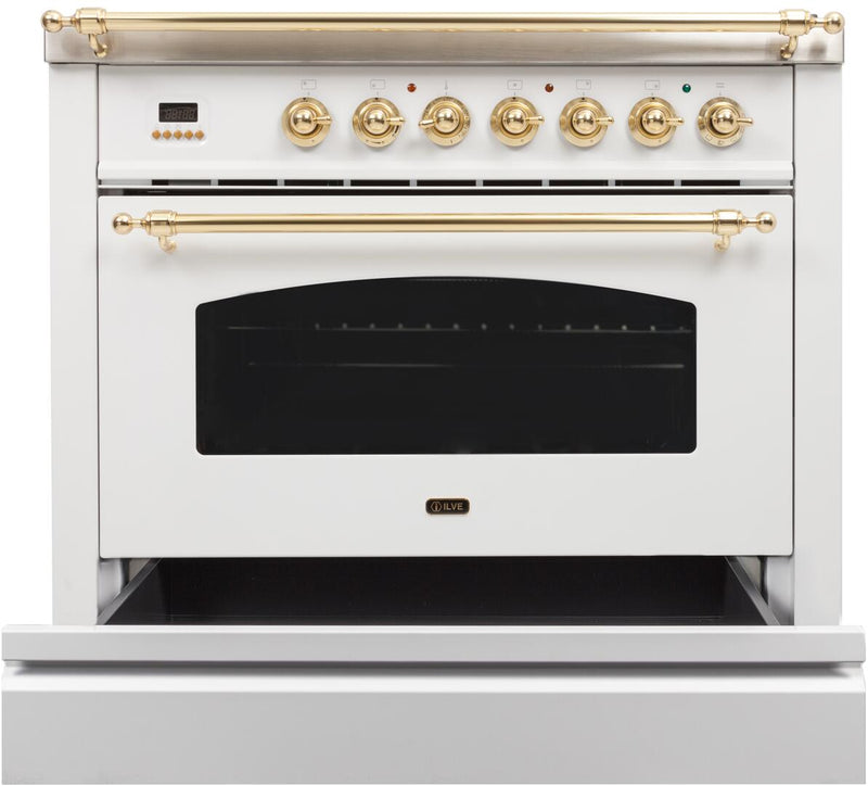 ILVE 36" Nostalgie - Dual Fuel Range with 5 Sealed Brass Burners - 3 cu. ft. Oven - Brass Trim in White (UPN90FDMPB)