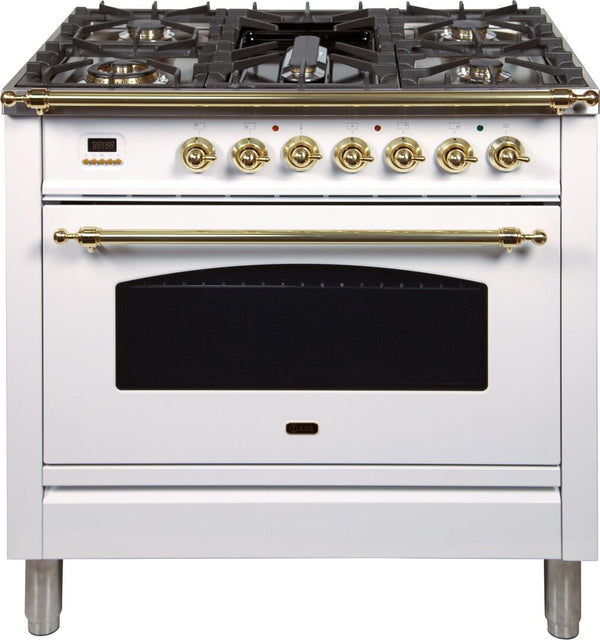 ILVE 36" Nostalgie - Dual Fuel Range with 5 Sealed Brass Burners - 3 cu. ft. Oven - Brass Trim in White (UPN90FDMPB)