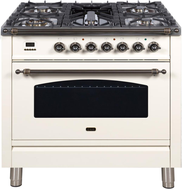 ILVE 36" Nostalgie - Dual Fuel Range with 5 Sealed Brass Burners - 3 cu. ft. Oven - Bronze Trim in Antique White (UPN90FDMPAY)