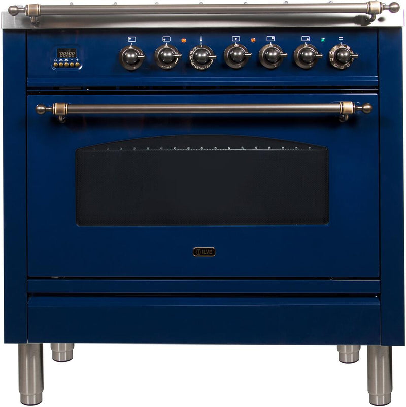 ILVE 36" Nostalgie - Dual Fuel Range with 5 Sealed Brass Burners - 3 cu. ft. Oven - Bronze Trim in Blue (UPN90FDMPBLY)