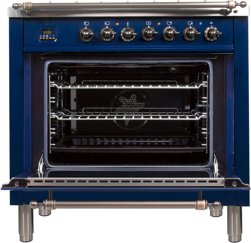 ILVE 36" Nostalgie - Dual Fuel Range with 5 Sealed Brass Burners - 3 cu. ft. Oven - Bronze Trim in Blue (UPN90FDMPBLY)