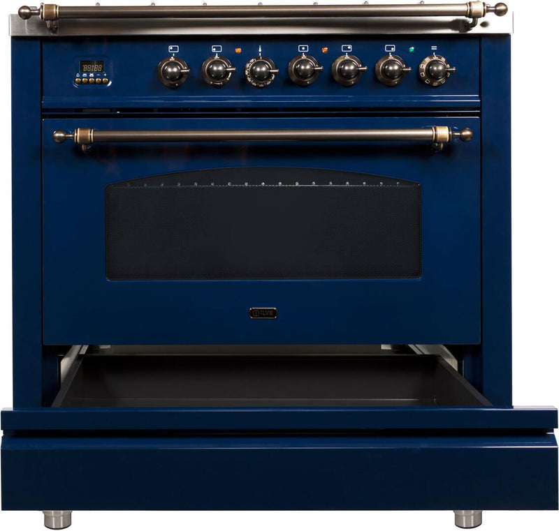 ILVE 36" Nostalgie - Dual Fuel Range with 5 Sealed Brass Burners - 3 cu. ft. Oven - Bronze Trim in Blue (UPN90FDMPBLY)