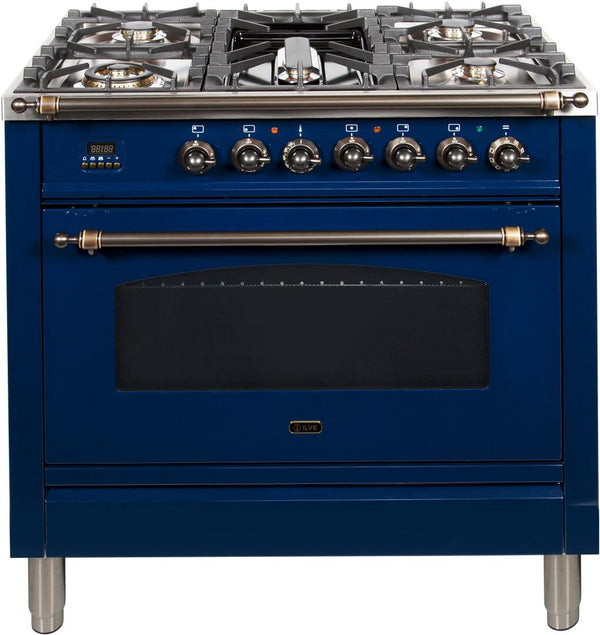 ILVE 36" Nostalgie - Dual Fuel Range with 5 Sealed Brass Burners - 3 cu. ft. Oven - Bronze Trim in Blue (UPN90FDMPBLY)