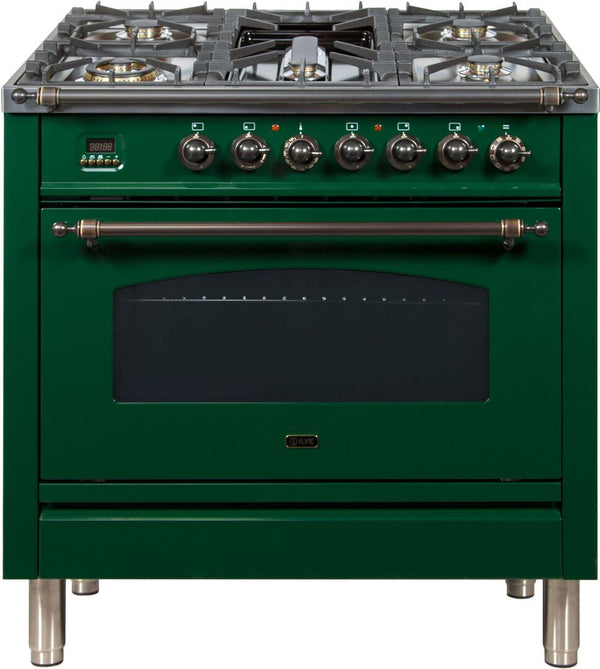 ILVE 36" Nostalgie - Dual Fuel Range with 5 Sealed Brass Burners - 3 cu. ft. Oven - Bronze Trim in Emerald Green (UPN90FDMPVSY)