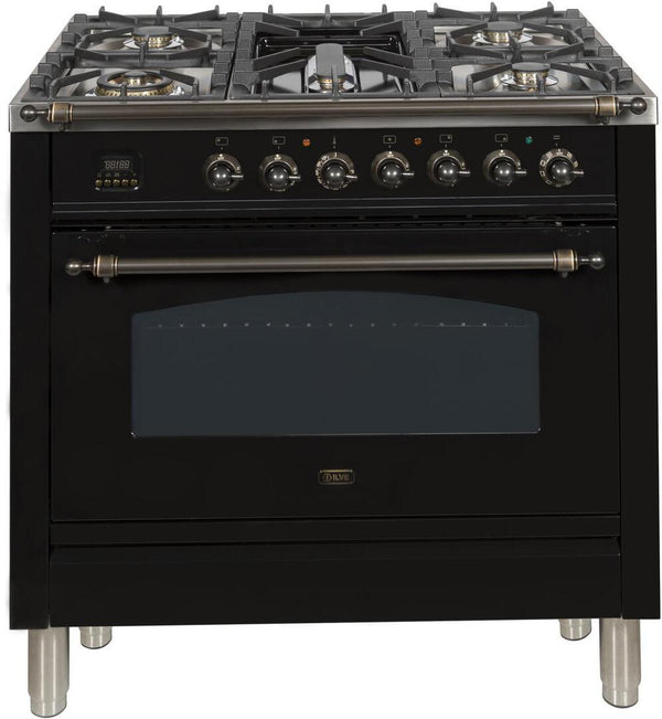 ILVE 36" Nostalgie - Dual Fuel Range with 5 Sealed Brass Burners - 3 cu. ft. Oven - Bronze Trim in Glossy Black (UPN90FDMPNY)