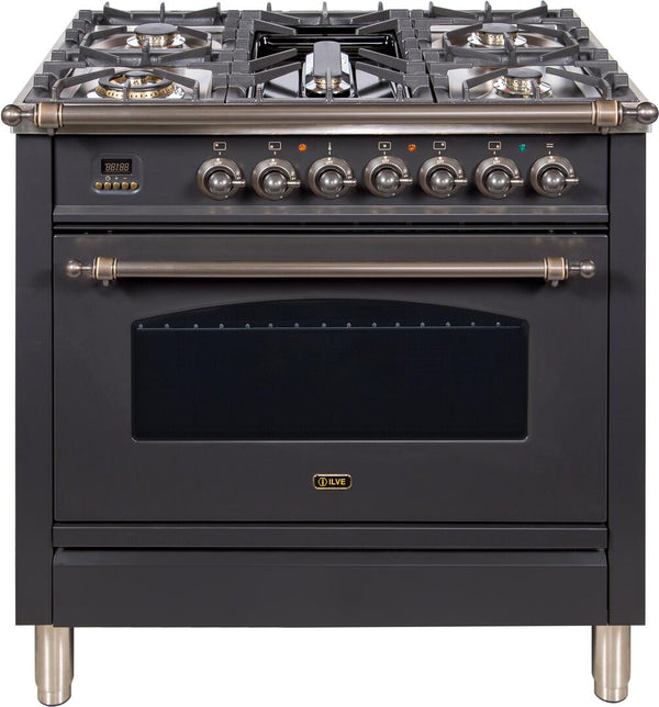 ILVE 36" Nostalgie - Dual Fuel Range with 5 Sealed Brass Burners - 3 cu. ft. Oven - Bronze Trim in Matte Graphite (UPN90FDMPMY)