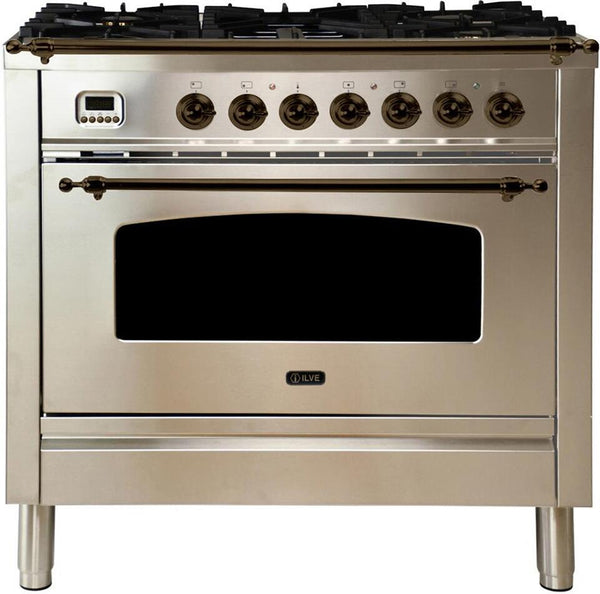 ILVE 36" Nostalgie - Dual Fuel Range with 5 Sealed Brass Burners - 3 cu. ft. Oven - Bronze Trim in Stainless Steel (UPN90FDMPIY)