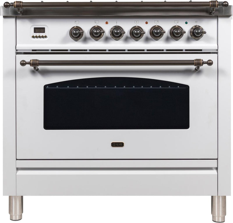 ILVE 36" Nostalgie - Dual Fuel Range with 5 Sealed Brass Burners - 3 cu. ft. Oven - Bronze Trim in White (UPN90FDMPBY)