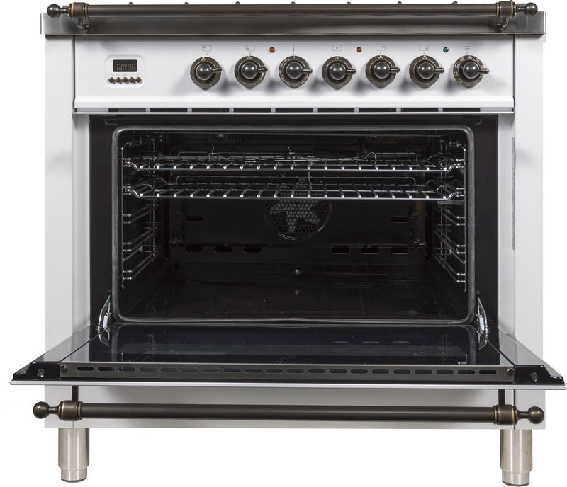 ILVE 36" Nostalgie - Dual Fuel Range with 5 Sealed Brass Burners - 3 cu. ft. Oven - Bronze Trim in White (UPN90FDMPBY)