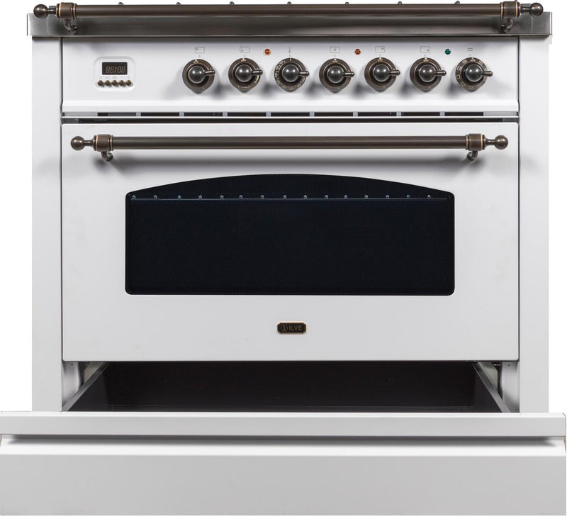 ILVE 36" Nostalgie - Dual Fuel Range with 5 Sealed Brass Burners - 3 cu. ft. Oven - Bronze Trim in White (UPN90FDMPBY)