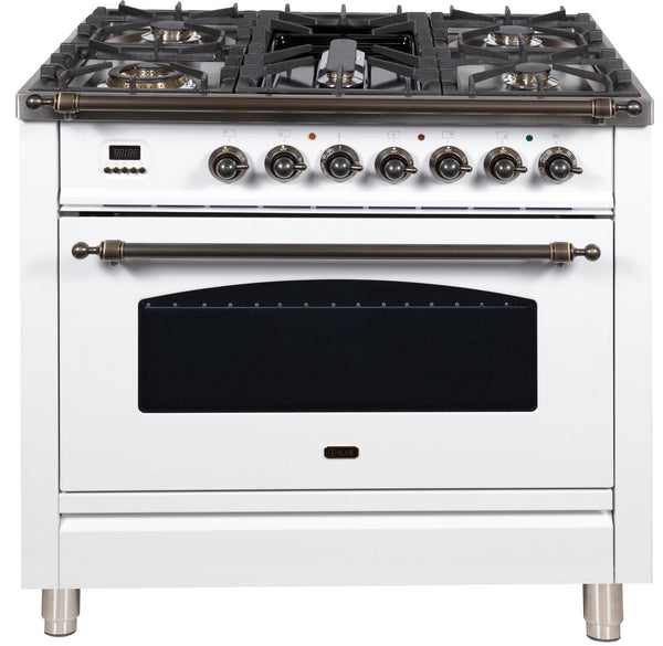 ILVE 36" Nostalgie - Dual Fuel Range with 5 Sealed Brass Burners - 3 cu. ft. Oven - Bronze Trim in White (UPN90FDMPBY)