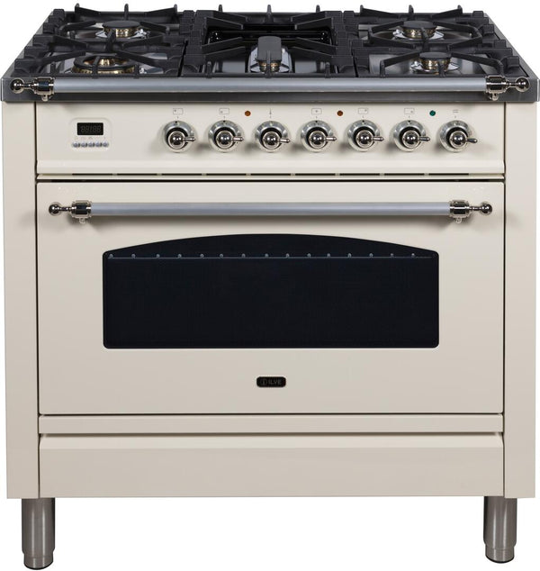 ILVE 36" Nostalgie - Dual Fuel Range with 5 Sealed Brass Burners - 3 cu. ft. Oven - Chrome Trim in Antique White (UPN90FDMPAX)