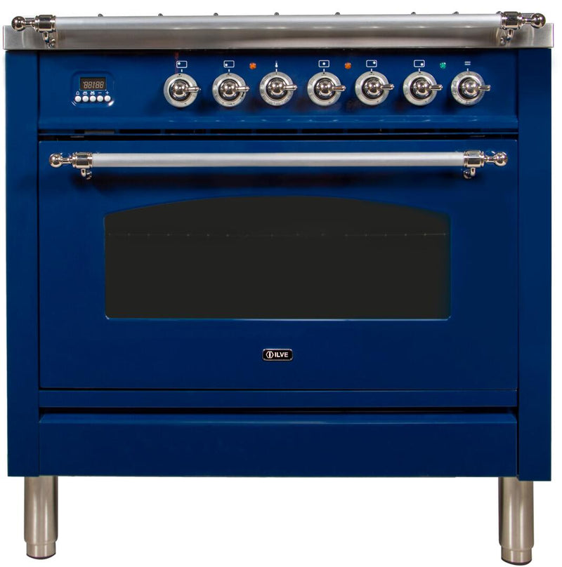 ILVE 36" Nostalgie - Dual Fuel Range with 5 Sealed Brass Burners - 3 cu. ft. Oven - Chrome Trim in Blue (UPN90FDMPBLX)