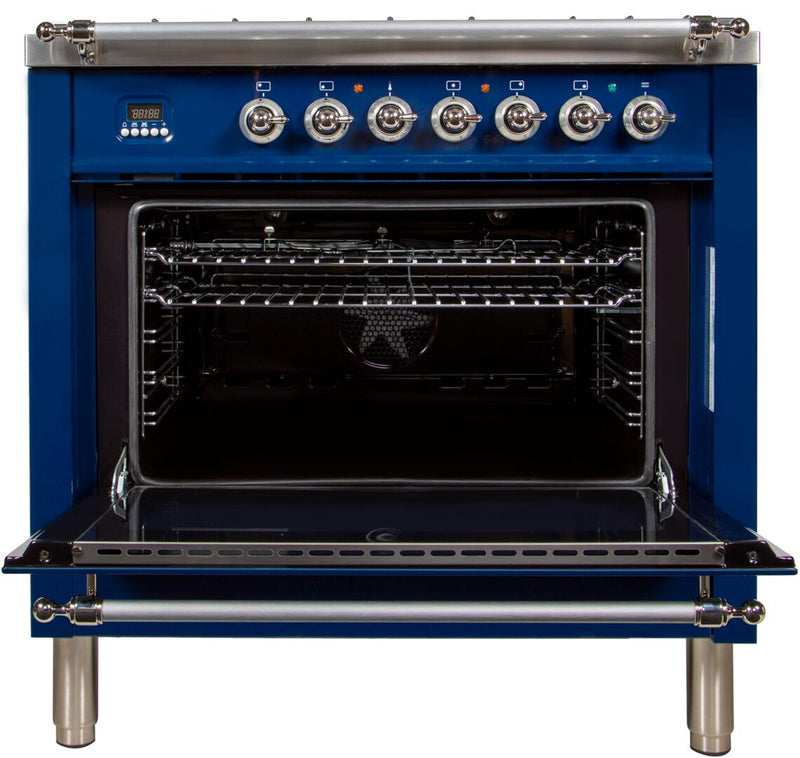 ILVE 36" Nostalgie - Dual Fuel Range with 5 Sealed Brass Burners - 3 cu. ft. Oven - Chrome Trim in Blue (UPN90FDMPBLX)