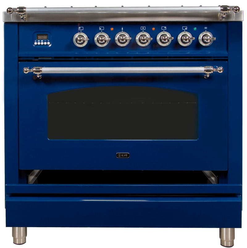 ILVE 36" Nostalgie - Dual Fuel Range with 5 Sealed Brass Burners - 3 cu. ft. Oven - Chrome Trim in Blue (UPN90FDMPBLX)