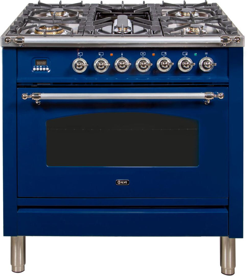 ILVE 36" Nostalgie - Dual Fuel Range with 5 Sealed Brass Burners - 3 cu. ft. Oven - Chrome Trim in Blue (UPN90FDMPBLX)