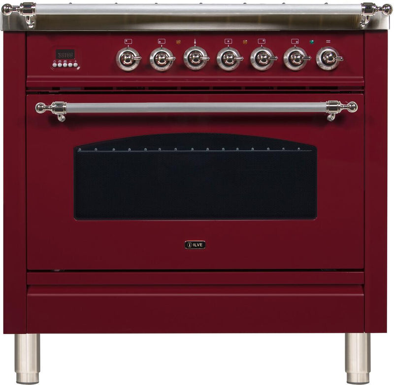 ILVE 36" Nostalgie - Dual Fuel Range with 5 Sealed Brass Burners - 3 cu. ft. Oven - Chrome Trim in Burgundy (UPN90FDMPRBX)