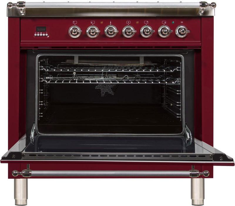 ILVE 36" Nostalgie - Dual Fuel Range with 5 Sealed Brass Burners - 3 cu. ft. Oven - Chrome Trim in Burgundy (UPN90FDMPRBX)