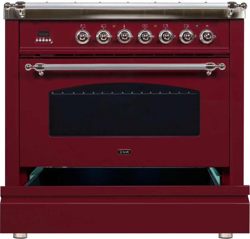 ILVE 36" Nostalgie - Dual Fuel Range with 5 Sealed Brass Burners - 3 cu. ft. Oven - Chrome Trim in Burgundy (UPN90FDMPRBX)