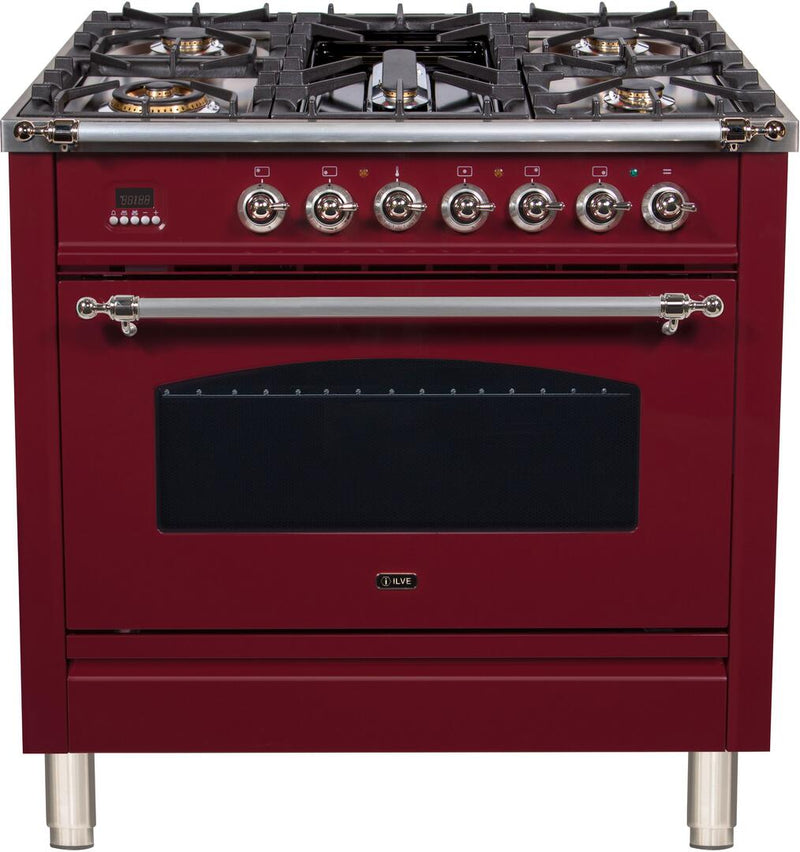 ILVE 36" Nostalgie - Dual Fuel Range with 5 Sealed Brass Burners - 3 cu. ft. Oven - Chrome Trim in Burgundy (UPN90FDMPRBX)