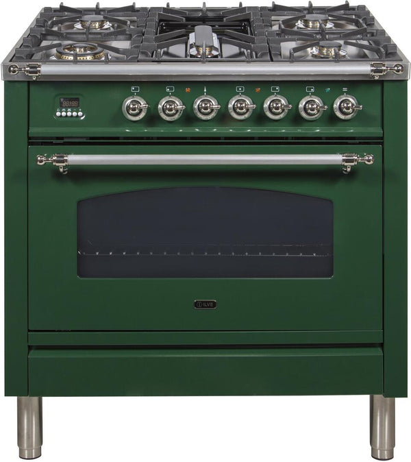 ILVE 36" Nostalgie - Dual Fuel Range with 5 Sealed Brass Burners - 3 cu. ft. Oven - Chrome Trim in Emerald Green (UPN90FDMPVSX)