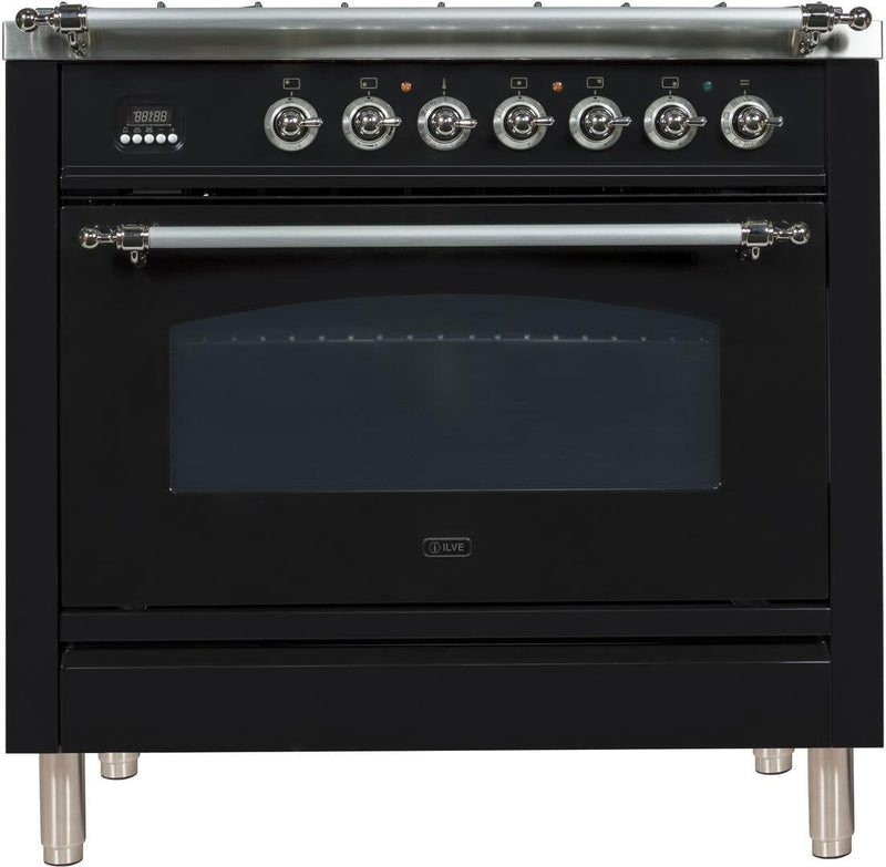 ILVE 36" Nostalgie - Dual Fuel Range with 5 Sealed Brass Burners - 3 cu. ft. Oven - Chrome Trim in Glossy Black (UPN90FDMPNX)