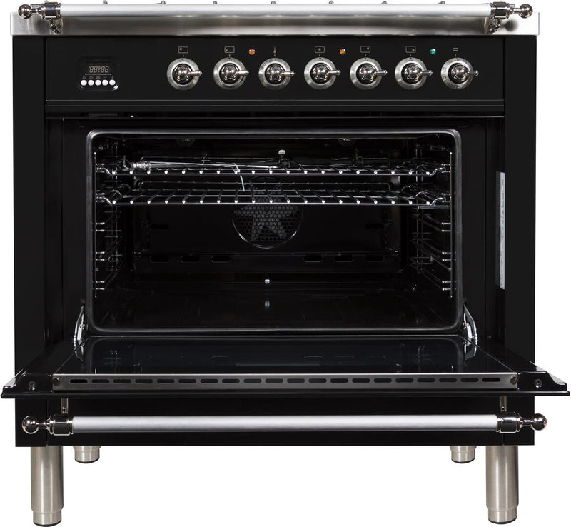 ILVE 36" Nostalgie - Dual Fuel Range with 5 Sealed Brass Burners - 3 cu. ft. Oven - Chrome Trim in Glossy Black (UPN90FDMPNX)