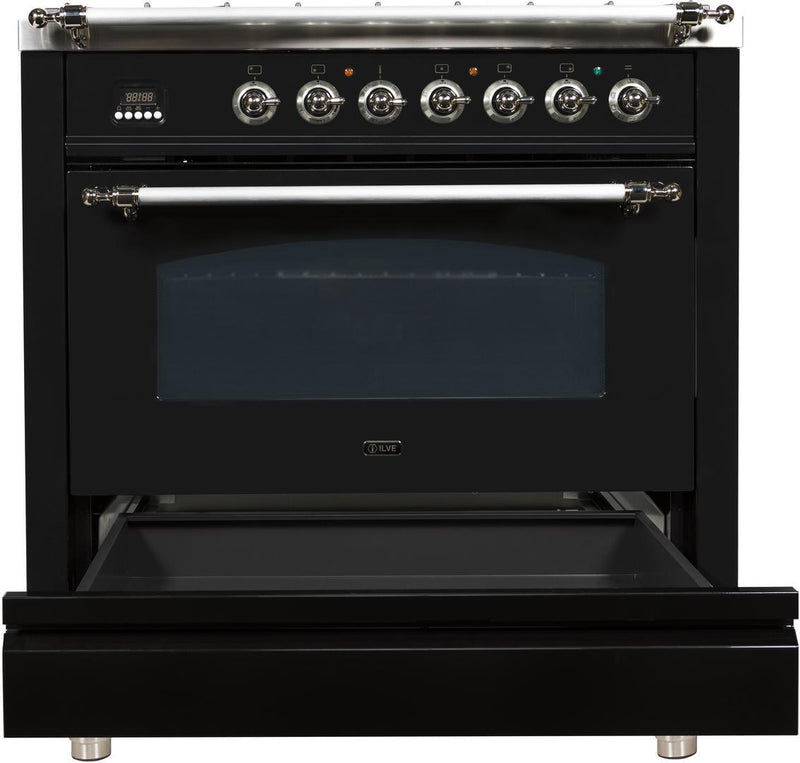 ILVE 36" Nostalgie - Dual Fuel Range with 5 Sealed Brass Burners - 3 cu. ft. Oven - Chrome Trim in Glossy Black (UPN90FDMPNX)