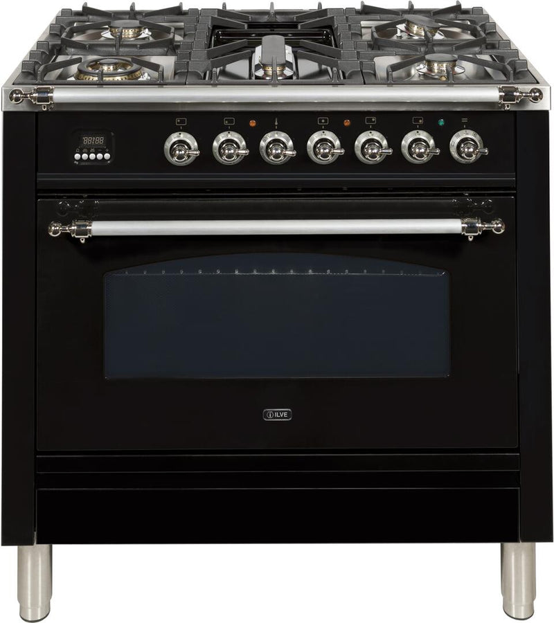 ILVE 36" Nostalgie - Dual Fuel Range with 5 Sealed Brass Burners - 3 cu. ft. Oven - Chrome Trim in Glossy Black (UPN90FDMPNX)