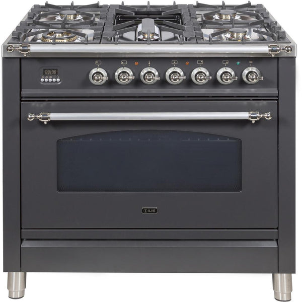 ILVE 36" Nostalgie - Dual Fuel Range with 5 Sealed Brass Burners - 3 cu. ft. Oven - Chrome Trim in Matte Graphite (UPN90FDMPMX)