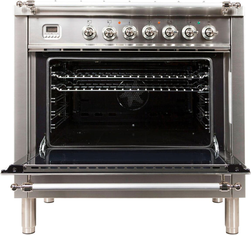 ILVE 36" Nostalgie - Dual Fuel Range with 5 Sealed Brass Burners - 3 cu. ft. Oven - Chrome Trim in Stainless Steel (UPN90FDMPIX)