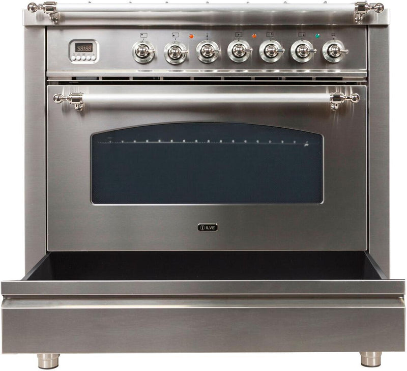 ILVE 36" Nostalgie - Dual Fuel Range with 5 Sealed Brass Burners - 3 cu. ft. Oven - Chrome Trim in Stainless Steel (UPN90FDMPIX)