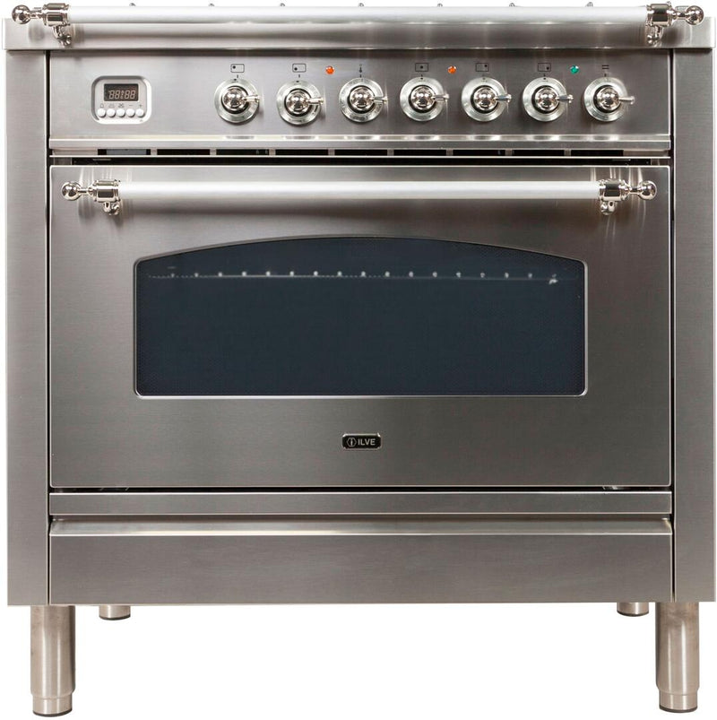 ILVE 36" Nostalgie - Dual Fuel Range with 5 Sealed Brass Burners - 3 cu. ft. Oven - Chrome Trim in Stainless Steel (UPN90FDMPIX)