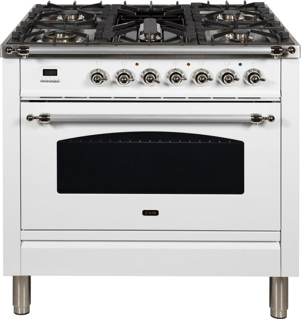 ILVE 36" Nostalgie - Dual Fuel Range with 5 Sealed Brass Burners - 3 cu. ft. Oven - Chrome Trim in White (UPN90FDMPBX)